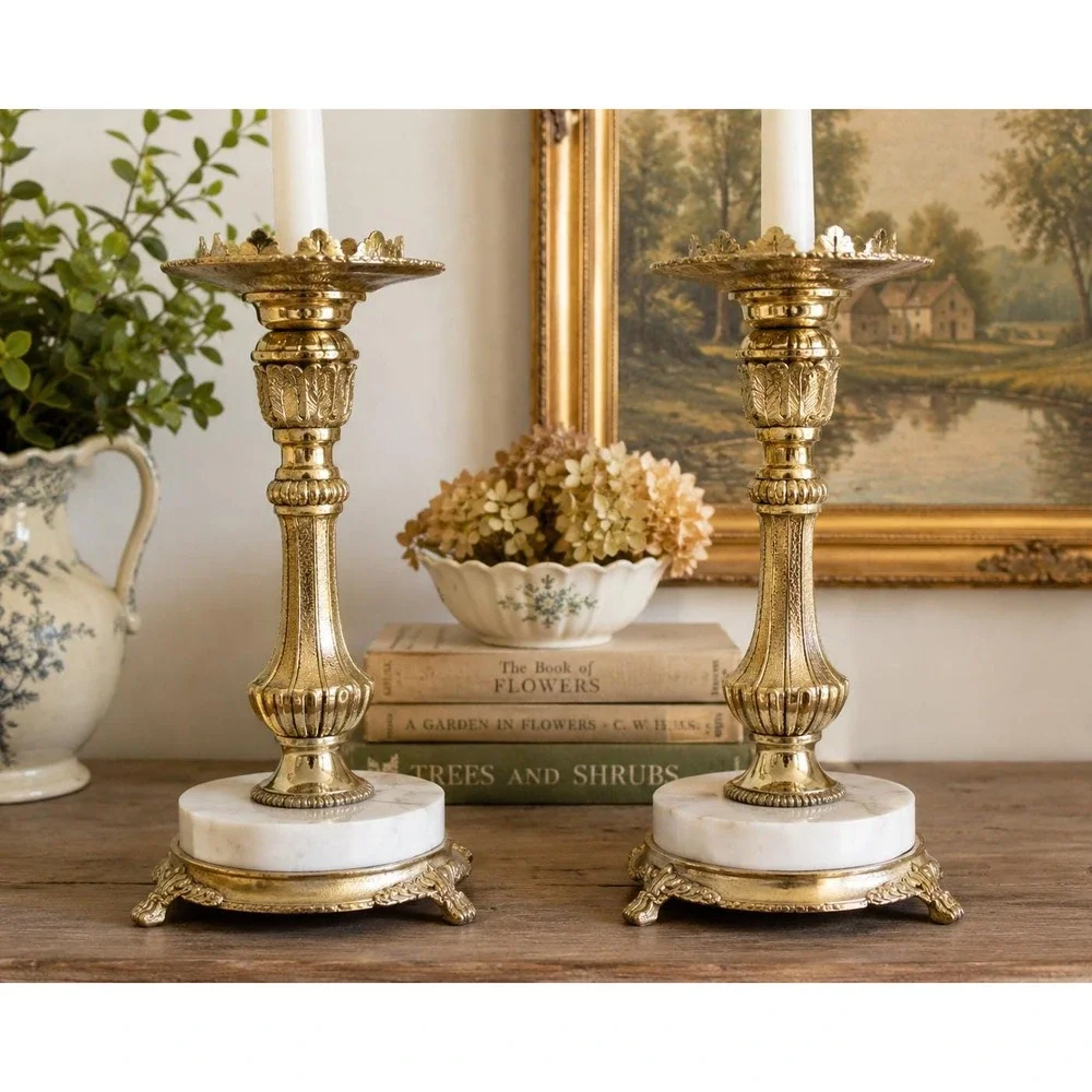 Vintage Hollywood Regency Candlesticks Brass Tone, White Marble Bases (10